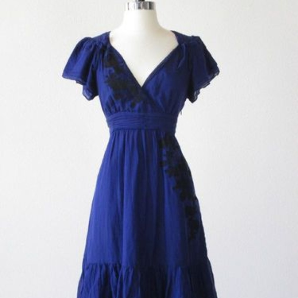 Anthropologie Lithe Blue Dress Black Lace Trim - Picture 1 of 6